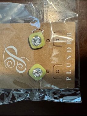 Plunder Lime Green Square Stud Earrings with Clear Crystals